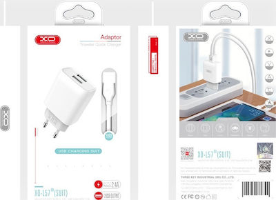 XO Φορτιστής με 2 Θύρες USB-A και Καλώδιο micro USB Λευκός (L57)