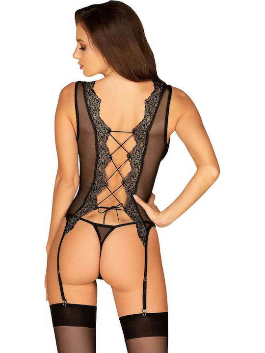 Obsessive Meshlove Corset & Thong Sexy Bodysuit Negru
