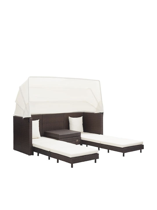 Șezlong Pat Triplu Rattan cu Pernă și Parasolar Maro 200x185x70cm