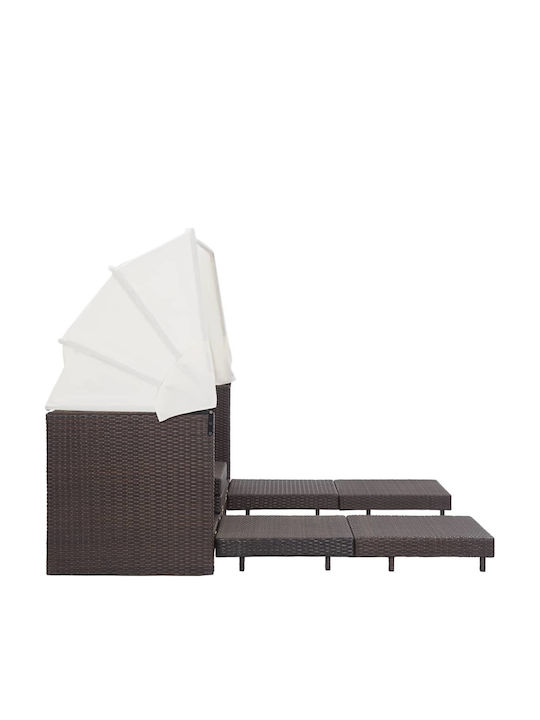 Șezlong Pat Triplu Rattan cu Pernă și Parasolar Maro 200x185x70cm