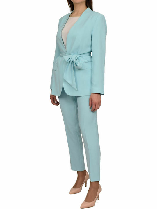 Passager Lung Blazer pentru femei Crep Cu talie Sacou Albastru deschis