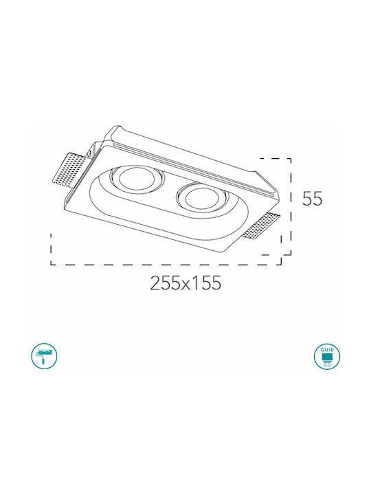 Fan Europe Morganaq2 Parallelogram Plaster Recessed Ceiling Spot with GU10 Bulb Base White 25.5x15.5cm
