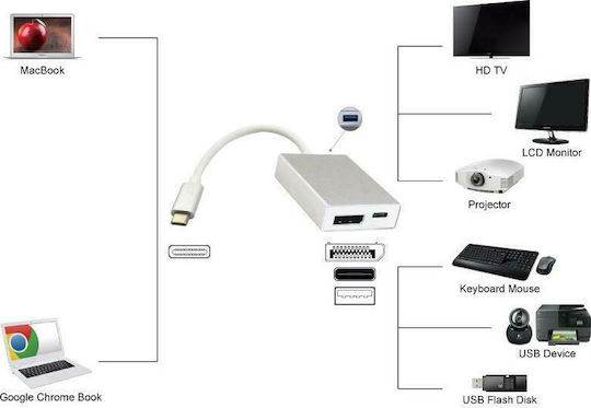 Powertech Konverter USB-C männlich zu DisplayPort / USB-A / USB-C weiblich Silber 1Stück PTH-040