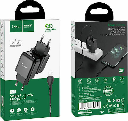 Hoco Φορτιστής με Θύρα USB-A και Καλώδιο Lightning 10.5W Μαύρος (N2 Vigour)