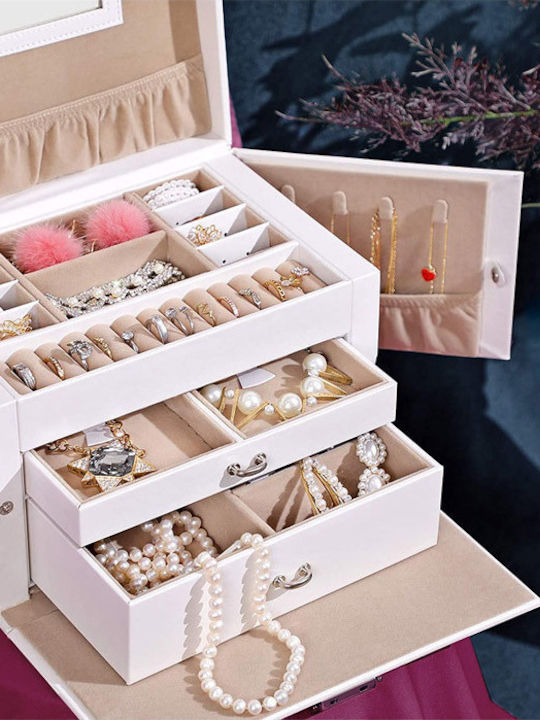 Songmics Metal Jewellery Box with Drawer & Mirror White 26x18x17cm