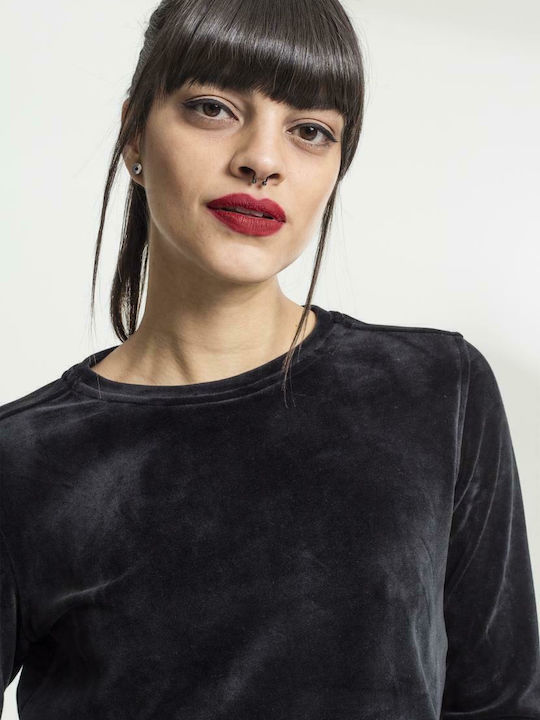 Cropped Γυναικείο Φούτερ Βελουτέ Μαύρο