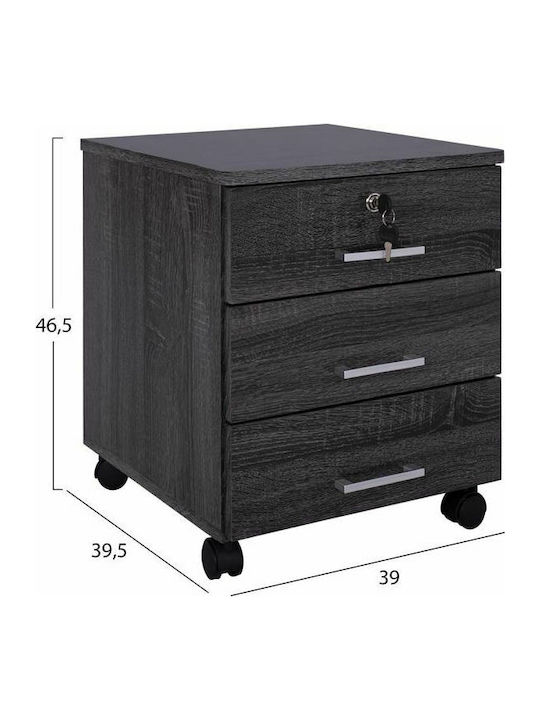 Office Storage Chipboard Drawer with Wheels, Lock & 3 Drawers Ανθρακί L39xW39.5xH46.5cm