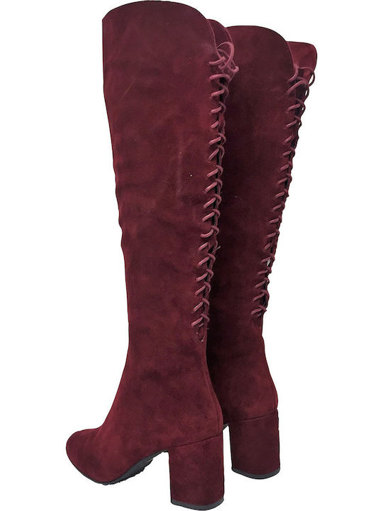 Suede Over the Knee Medium Heel Women's Boots Burgundy