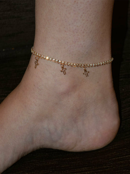 Ankle bracelet made of beige brass crosses with crystals in pale gold color BZ-BR-00398