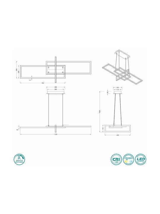 Trio Lighting Salinas Adjustable Pendant Light Silver Rail 110x40x150cm