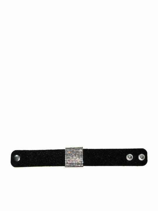 Brass bracelet with white crystals and black fuzz surface BZ-BR-00235