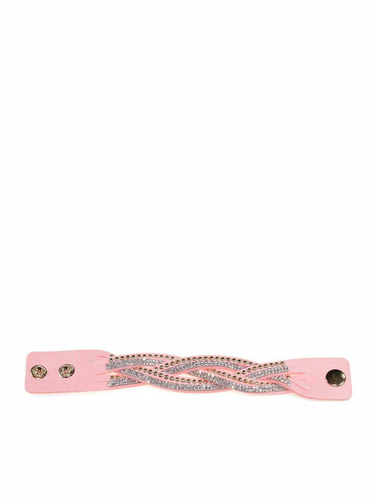 Brass bracelet with crystals and pink leather in gold colour BZ-BR-00168