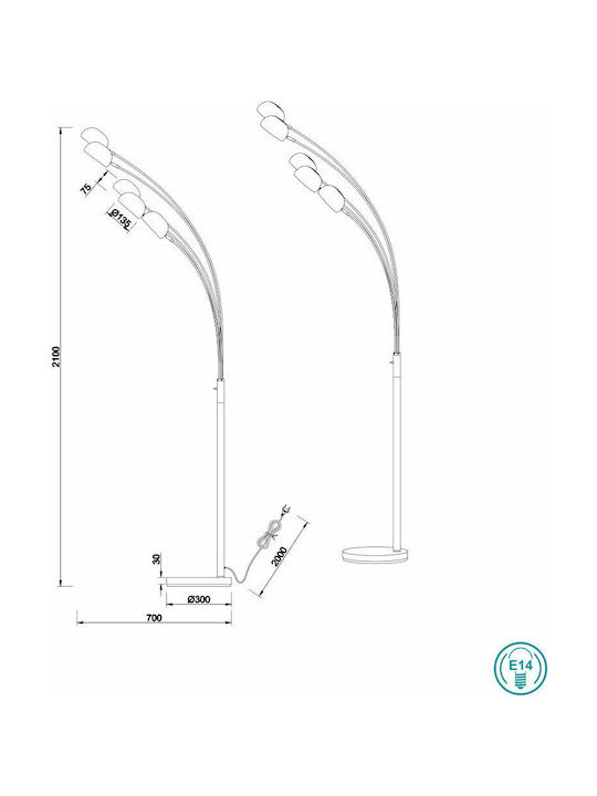 Trio Lighting Dito Floor Lamp H210xW30cm. with Socket for Bulb E14 Silver R46155067