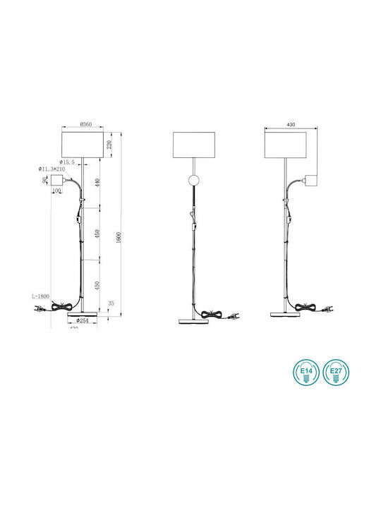 Trio Lighting Owen Floor Lamp H160xW36cm. with Socket for Bulb E27 White