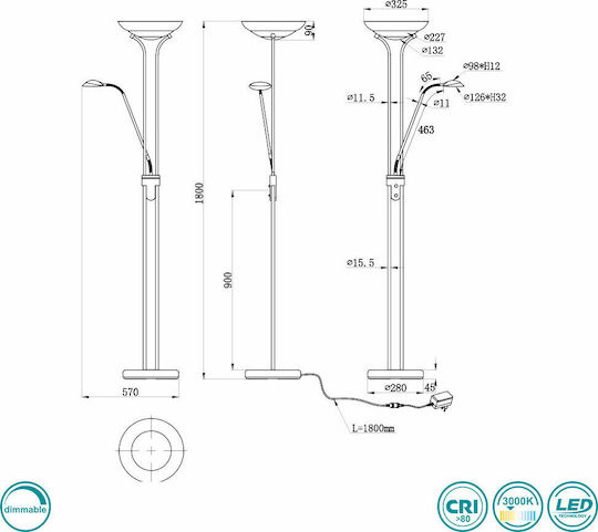 Trio Lighting Orson Vintage LED Φωτιστικό Δαπέδου Υ180xΜ57εκ. με Θερμό Λευκό Φως 2700lm Μαύρο