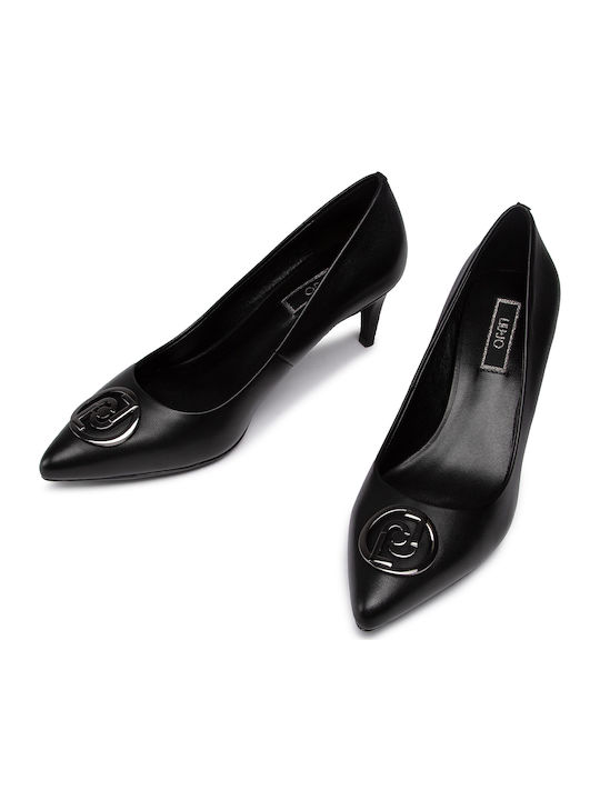 Leather Pointed Toe Heels with Thin Medium Heel Black