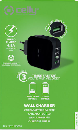 Celly Ladegerät ohne Kabel mit 4 USB-A Anschlüsse Schwarzs (TC4USBTURBO)