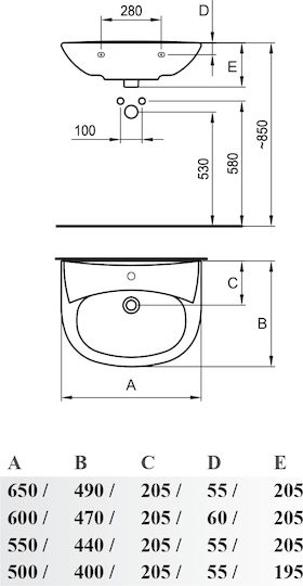 Fayans Set Neo 550 Wall Mounted Wall-mounted Sink Porcelain 55x44x20.5cm White