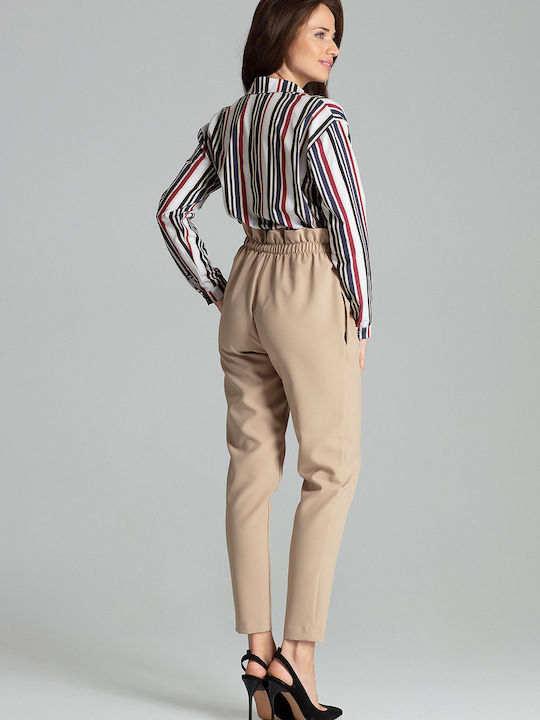 Lenitif L056 Women's High-waisted Fabric Trousers in Tapered Line Beige