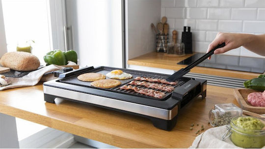 Cecotec Tasty & Grill 2000 Inox Mixstone Tabletop Electric Grill Smooth and Ribbed Plate 2000W with Adjustable Thermostat 37.5cmx24.5cmcm