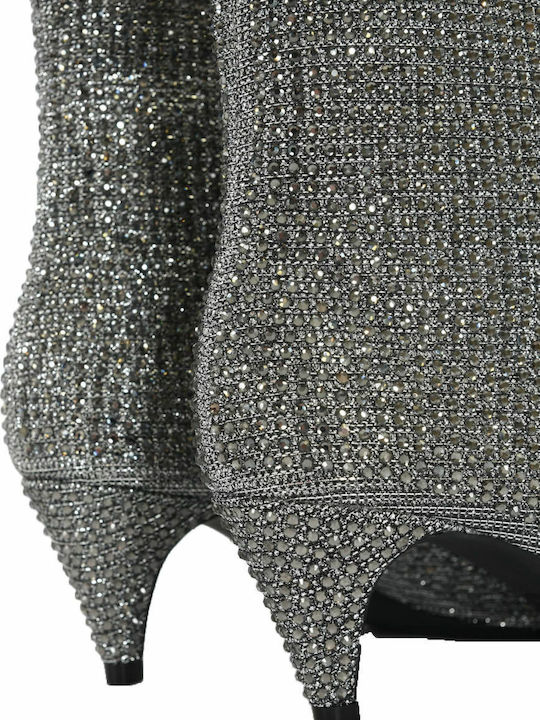 Blaine Glitter Γυναικεία Μποτάκια Αστραγάλου με Μεσαίο Τακούνι Ασημί