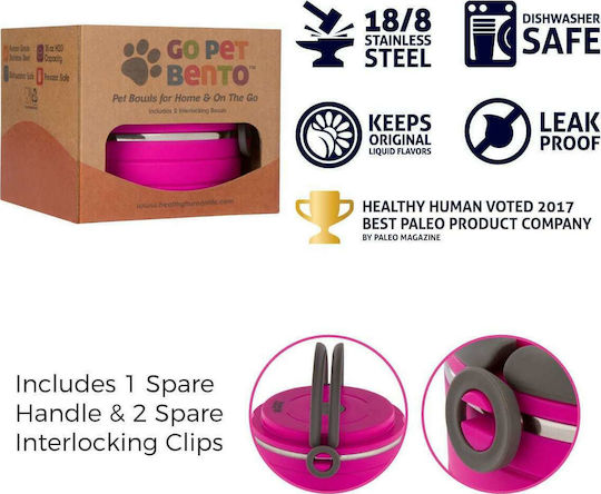 Healthy Human On The Go Pet Bento Edelstahl Schalen Futter & Wasser für Hund & Katze 450ml in Fuchsia Farbe 3Stück