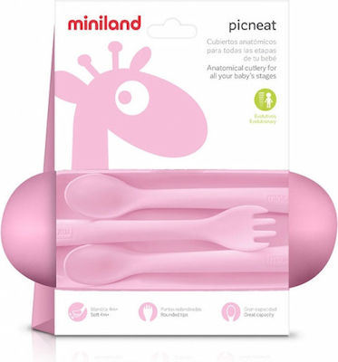 Miniland Baby Set mit Gabel Picneat aus Kunststoff in Hülle für 4+ Monate Rose 3Stück