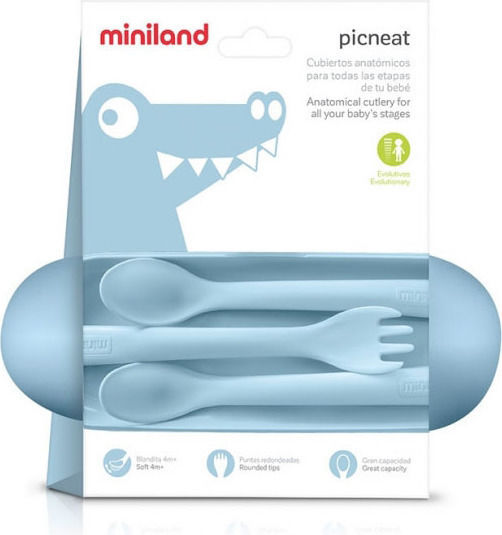 Miniland Baby Set with Fork Picneat made of Plastic in Case for 4+ months Azure 3pcs
