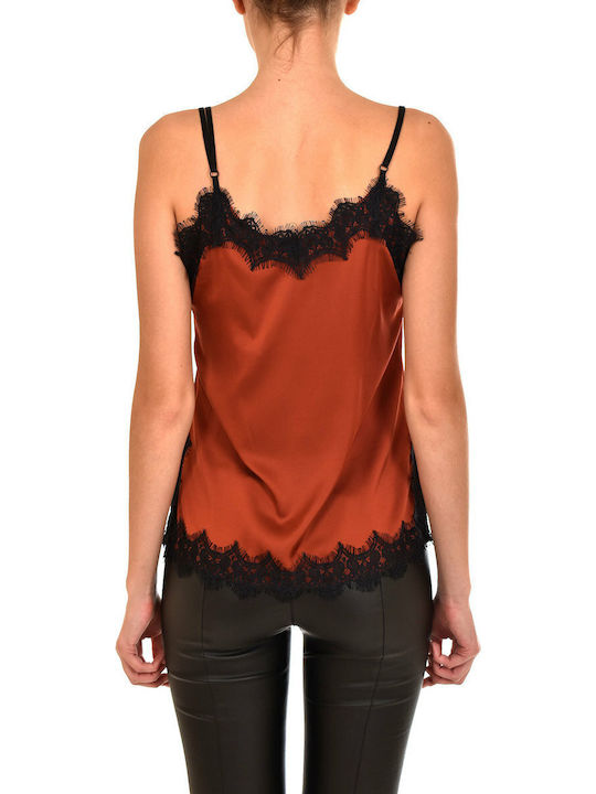 Γυναικείο Σατέν Lingerie Top με Δαντέλα Καφέ