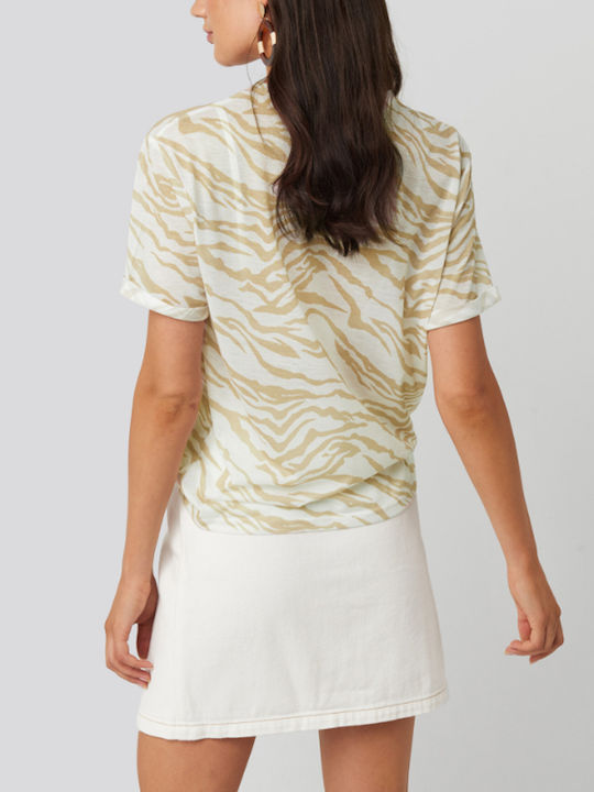 Rut & Circle Women's Summer Blouse Short Sleeve Animal Print Beige