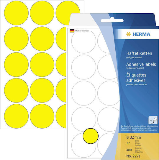 Herma 480τμχ Αυτοκόλλητες Ετικέτες Στρογγυλές σε Κίτρινο Χρώμα 32mm