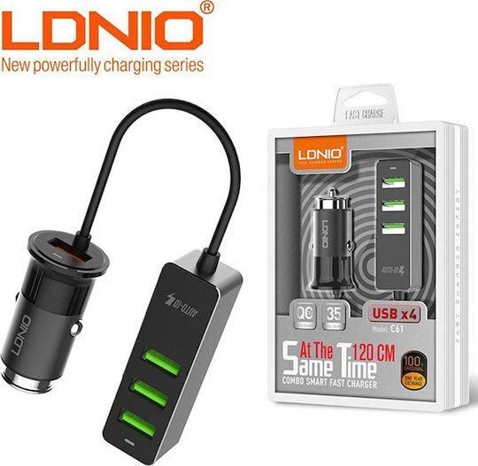 Ldnio C61 Car Charger 35W 3A Fast Charging with Ports 4xUSB-A Black Color