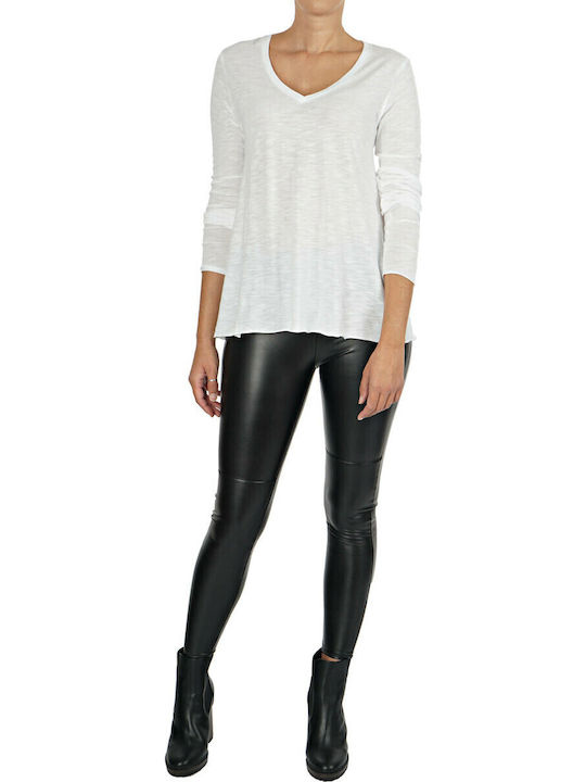 Women's Blouse Cotton Long Sleeve with V Neckline White