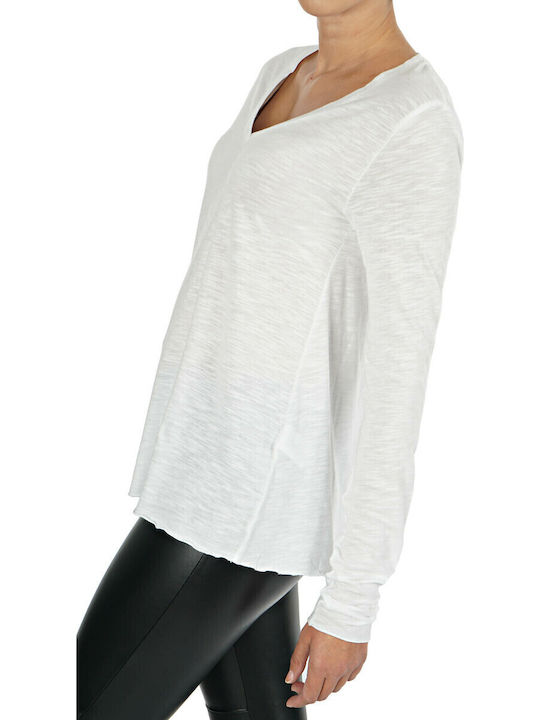 Women's Blouse Cotton Long Sleeve with V Neckline White