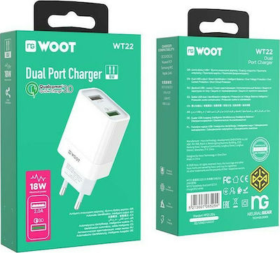 NG Charger Without Cable with 2 USB-A Ports 18W Quick Charge 3.0 White (WT22)