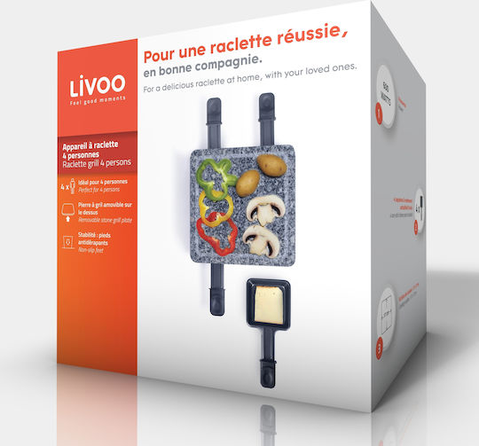 Livoo Раклет Скари За 4 Човека Настолна Електрическа Раклет Скари С Гладка Плоча 600W 20x20см