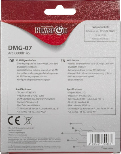 Inter-Tech DMG-07 USB Netzwerkadapter mit Drahtloser Verbindung Wi-Fi 650Mbps