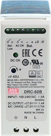 Mean Well DRC-60B DIN Rail UPS Power Supply 2.15A/27.6V/60W