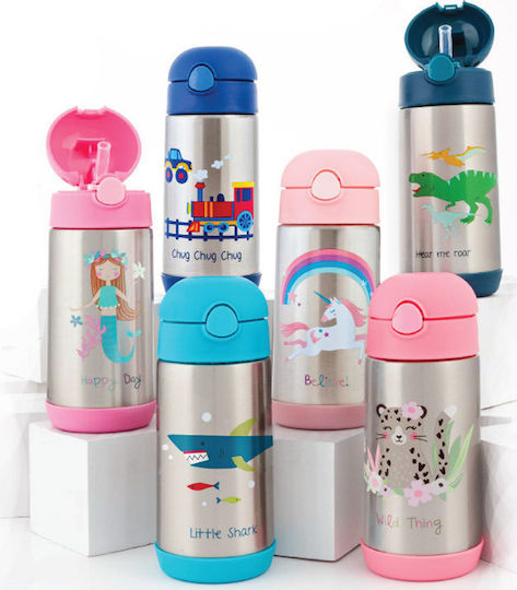 Stephen Joseph Leopard Kids Water Bottle Thermos Stainless Steel with Straw Non Spill Pink 350ml
