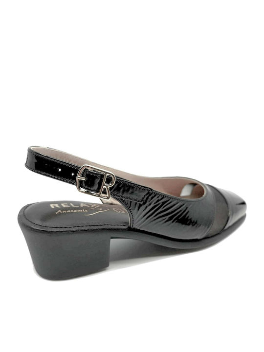 Relax Anatomic Leather Black Lustrini Low Heels with Strap 5191 E-9155