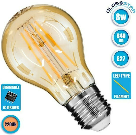 GloboStar Λάμπα LED 8W 105mm για Ντουί E27 και Σχήμα A60 Θερμό Λευκό 840lm Dimmable