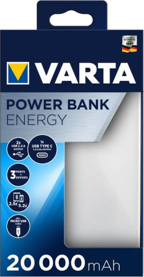 Varta Energy Power Bank 20000mAh with 2 USB-A Ports and USB-C Port White