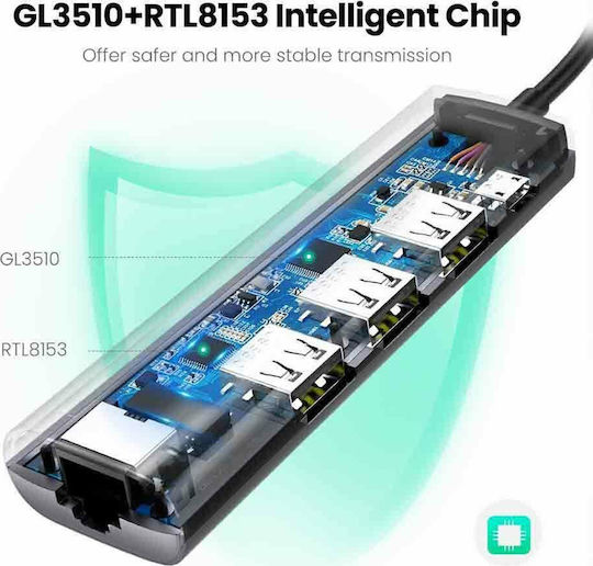 Ugreen CM266 USB Hub 4 USB 3.0 Ports with USB-A Connection Ethernet Gray