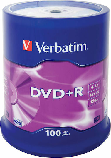 Verbatim Recordable DVD+R 16x 4.7GB Cake Box 100pcs