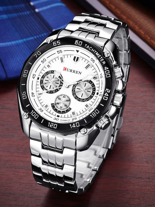 Curren Herrenuhr 43mm Chronograph Batterie mit Silber Metallarmband