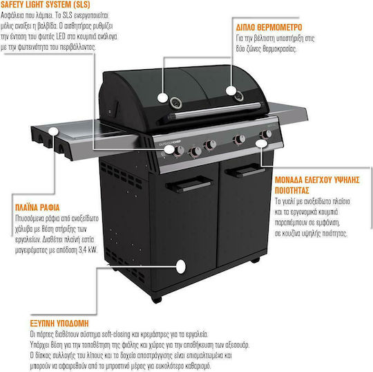 Outdoorchef Dualchef 425 G Ψησταριά Υγραερίου Μαντεμένιας Σχάρας 81.2x44εκ. με 4 Εστίες 16kW και Πλαϊνό Μάτι 3.4kW