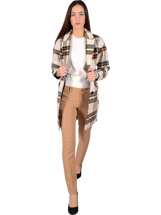 Women's Checked Ecru/Camel Coat with Buttons
