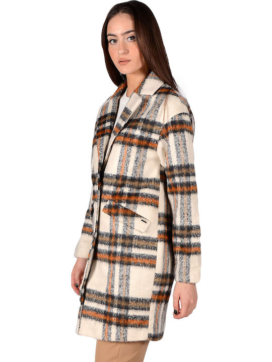 Women's Checked Ecru/Camel Coat with Buttons