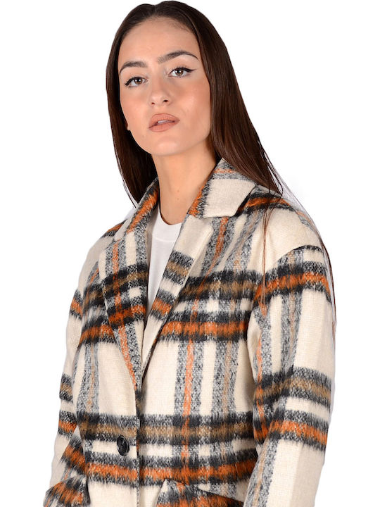 Women's Checked Ecru/Camel Coat with Buttons