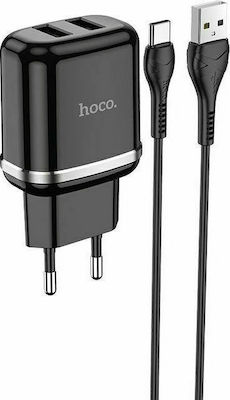 Hoco Charger with 2 USB-A Ports and Cable USB-C Blacks (N4 Aspiring)